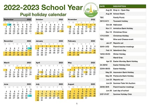 Academic Year 2022-2023 School Calendar Forest International School Paris